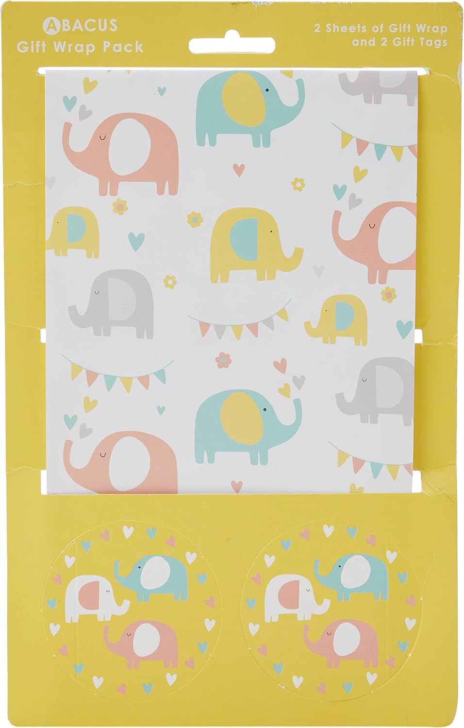Abacus 10007A"Elephant Fun" Gift Wrap Pack with 2 Sheets/Strung Tags FULLY RECYCLABLE, 500mm x 700mm