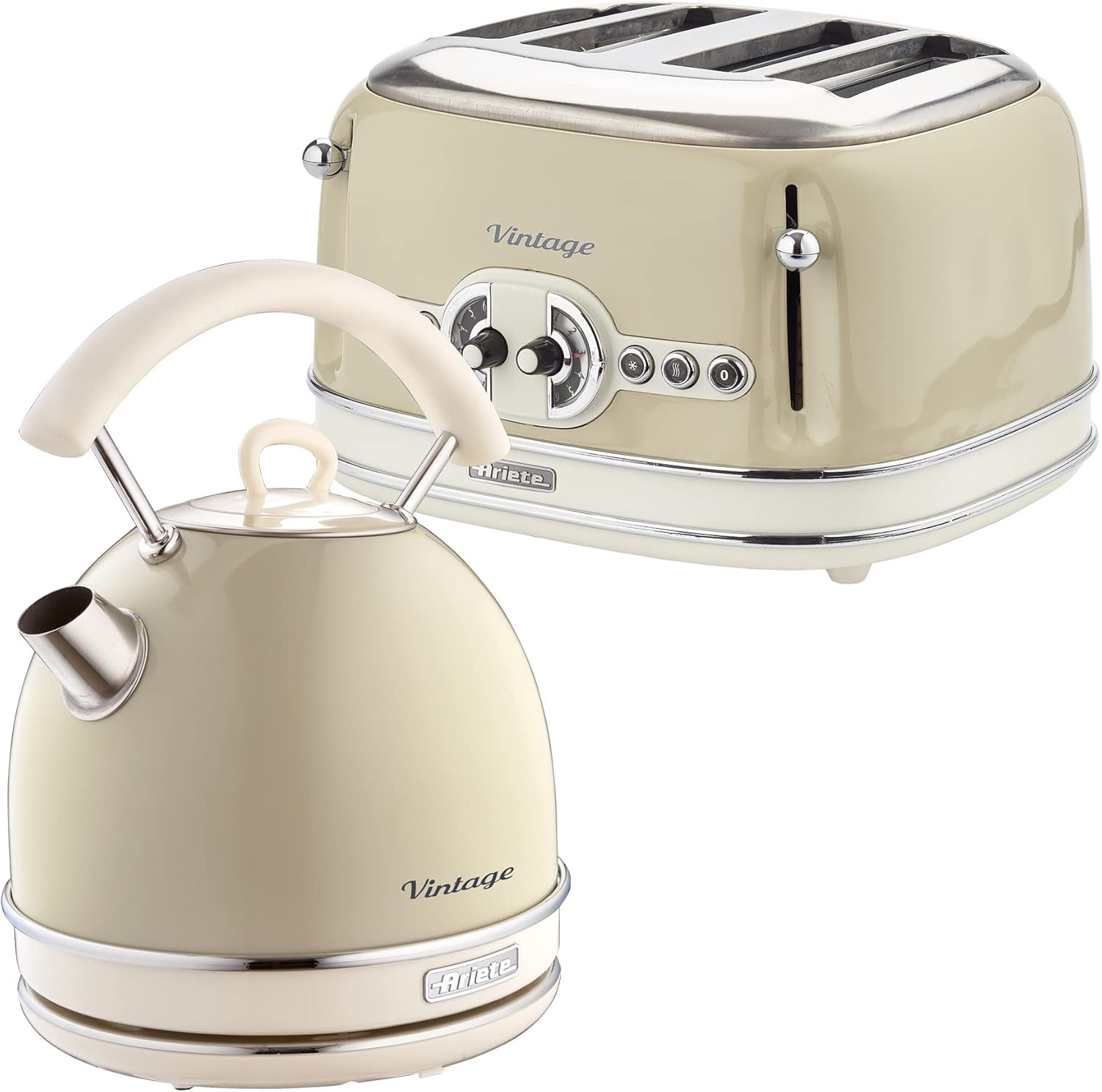 Ariete ARPK39 Retro Style Dome Kettle and 4 Slice Toaster Set, Vintage Design, Cream, Stainless Steel