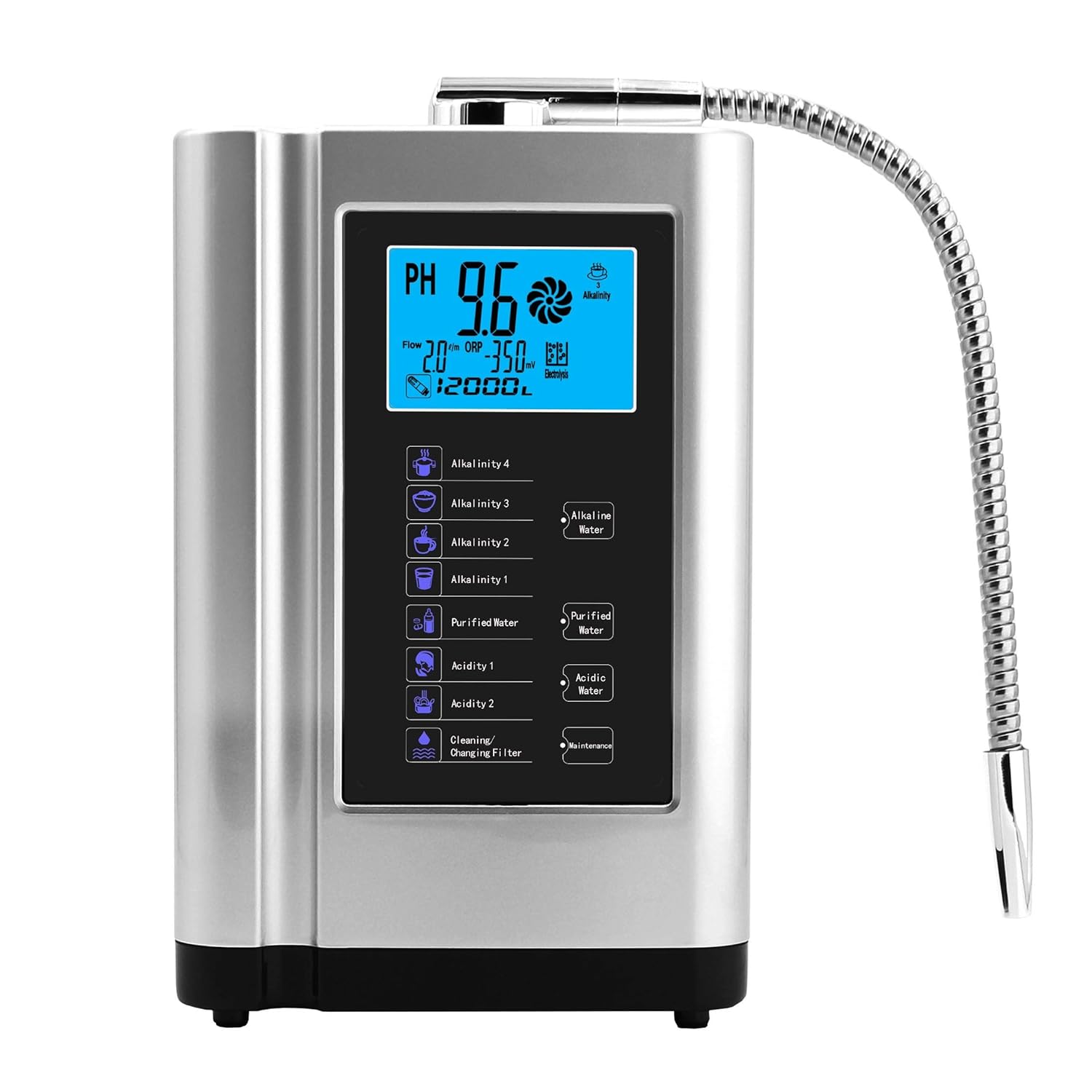 AlkaDrops Water Ionizer, Purifier Machine PH 3.5-10.5, Up to -500mV ORP, 6000L Filter, 7 Settings, Auto-Clean, Intelligent Voice (Silver)