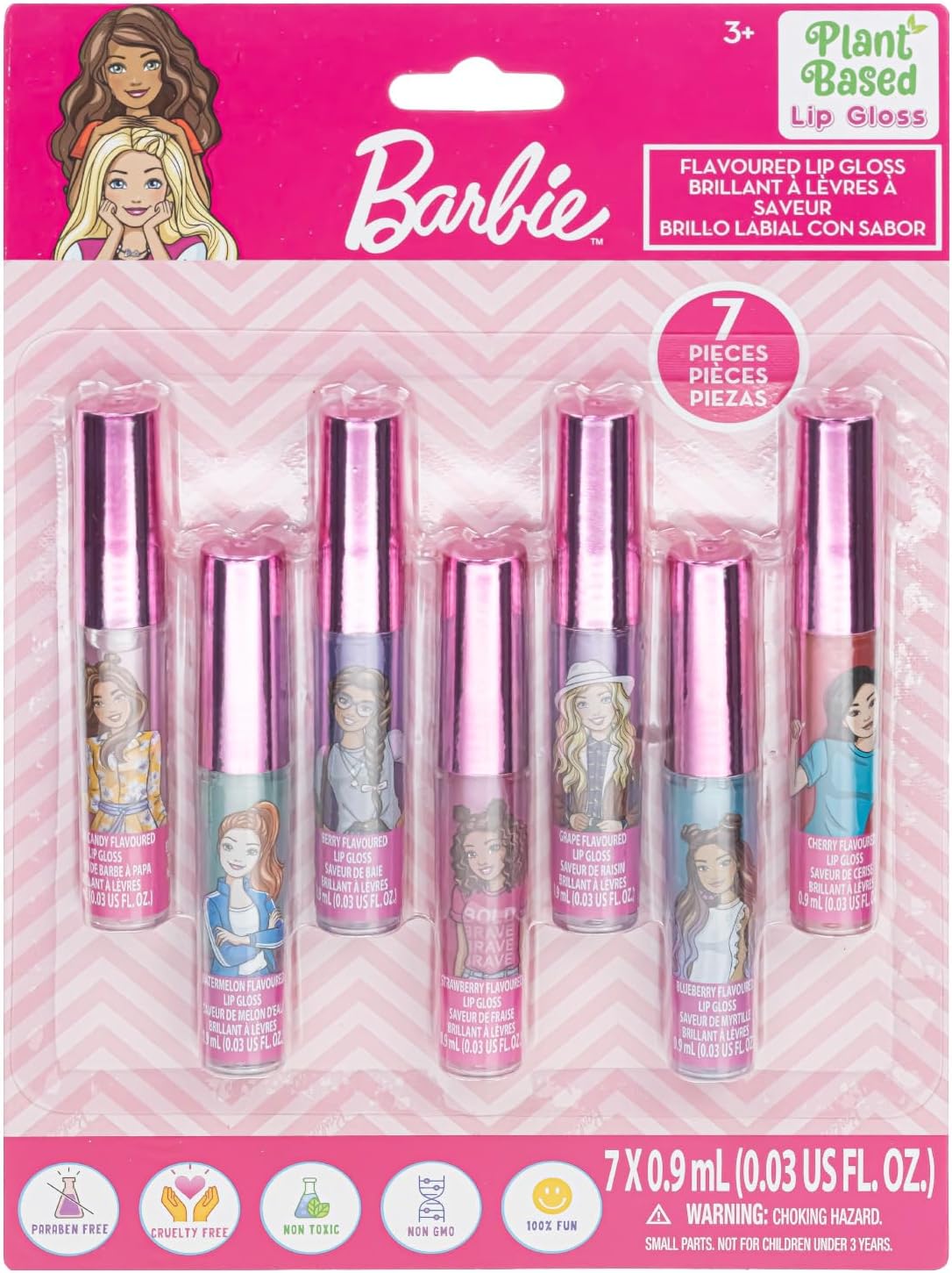Barbie 7 Piece Plant Based Lip Gloss, Girls Party Favours, First Makeup Set for Girl, Perfect for Parties, Sleepovers and Birthday Gifts, Ages 3+, by Townley Girl