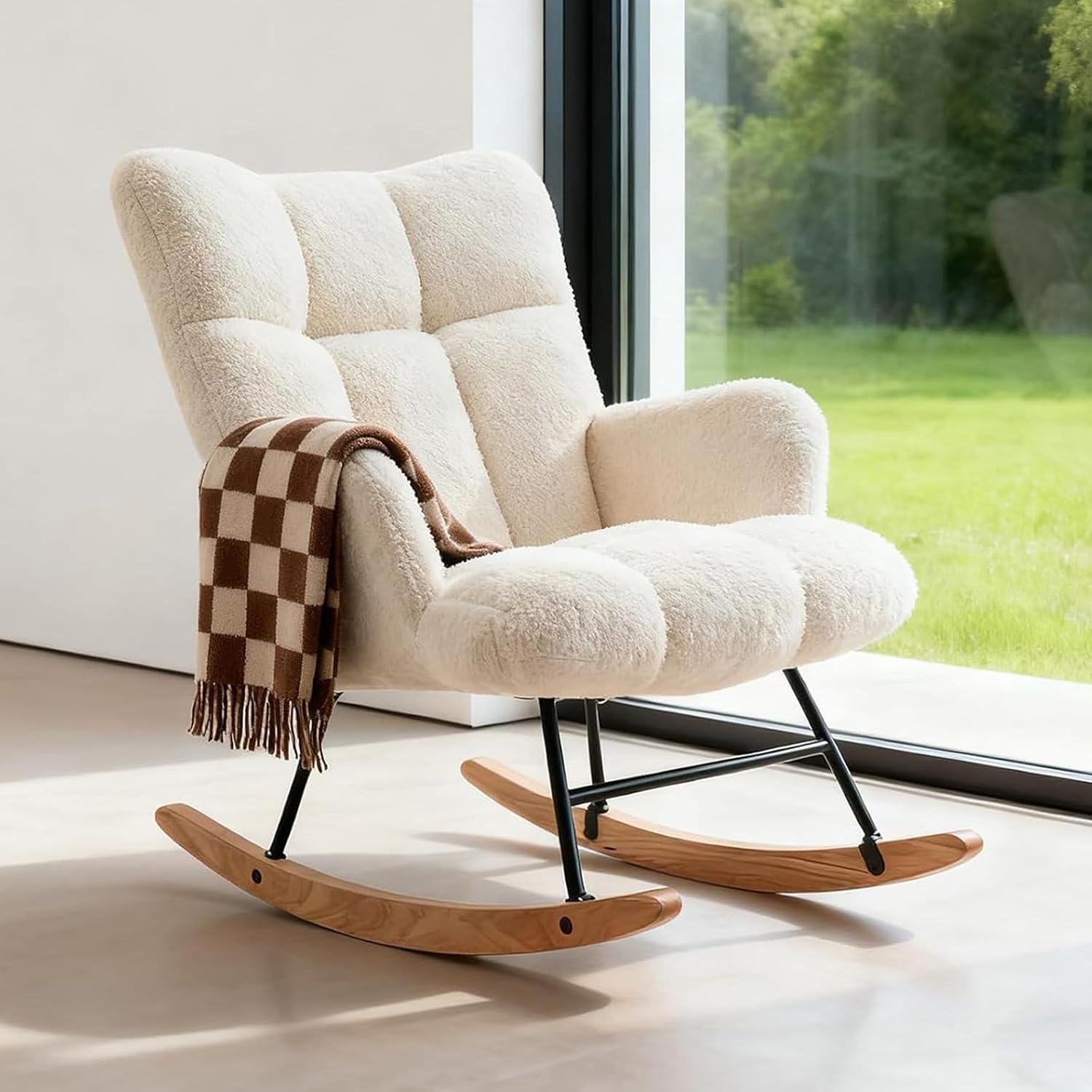 Nursery Rocking Chair, Upholstered Glider Chair with High Back, Soft Fabric Accent Rocker, Comfortable Reading Chair for Nursery, Living Room & Bedroom, Ivory White