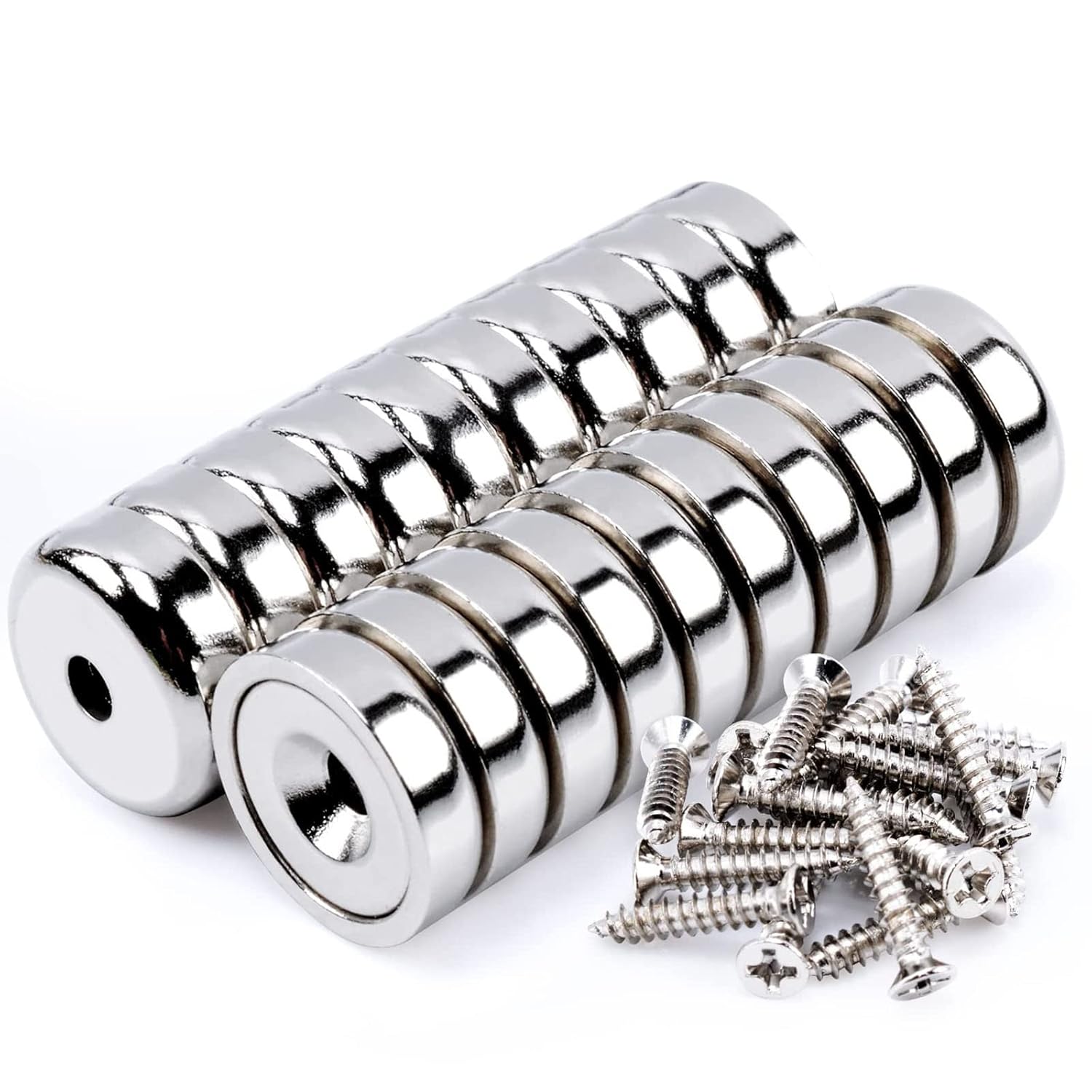 20Pcs Super Strong Round Base Cup Neodymium Magnets with Holes,0.63"(16mm) Ring Rare Earth Magnets Heavy Duty, Countersunk Holes Pot Magnet with Screw for Kitchen Craft Wood DIY Holding Tools Hanging