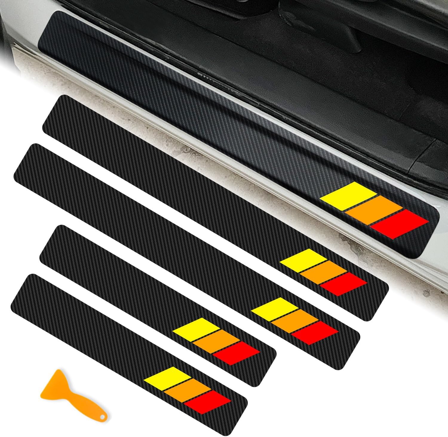 Tricolor Door Sill Protectors for Toyota Tacoma TRD 4Runner Tundra Rav4 Highlander Accessories, Carbon Fiber Front/Rear Door Sill Plate Guard, Retro Stripe Door Entry Guard Stickers(4 Pcs)