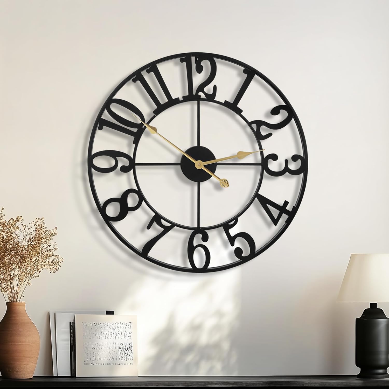 Modern Large Wall Clocks for Living Room, 40cm / 16" Round Black Metal Silent Non Ticking Battery Operated Arabic Numerals Clock for Farmhouse, Bedroom,Kitchen,Office,Classroom Home Decor