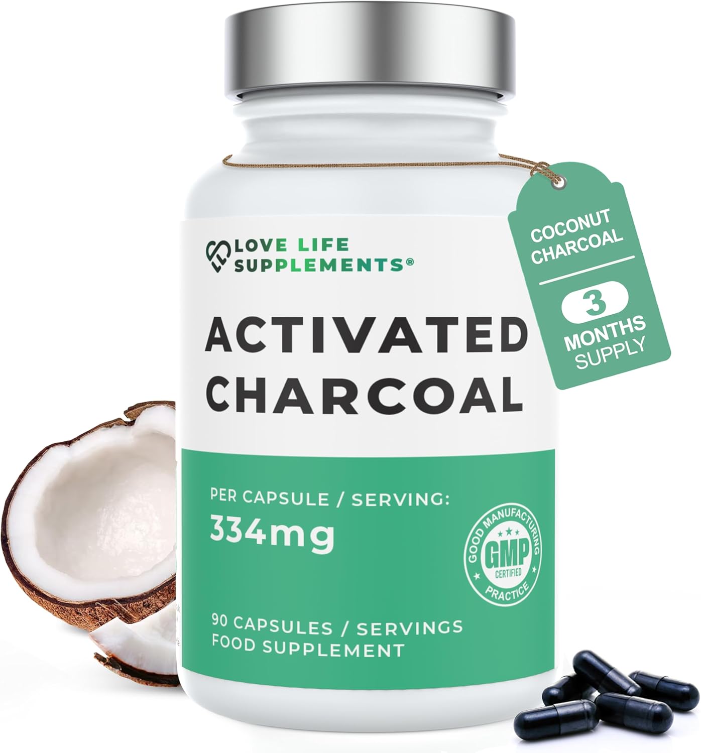 High Strength Activated Charcoal Capsules | 334mg Per Capsule (not Tablets) | 3 Month Supply | for Bloating Relief, Gas, Digestion, Flatulence, Detox | 100% Coconut Charcoal