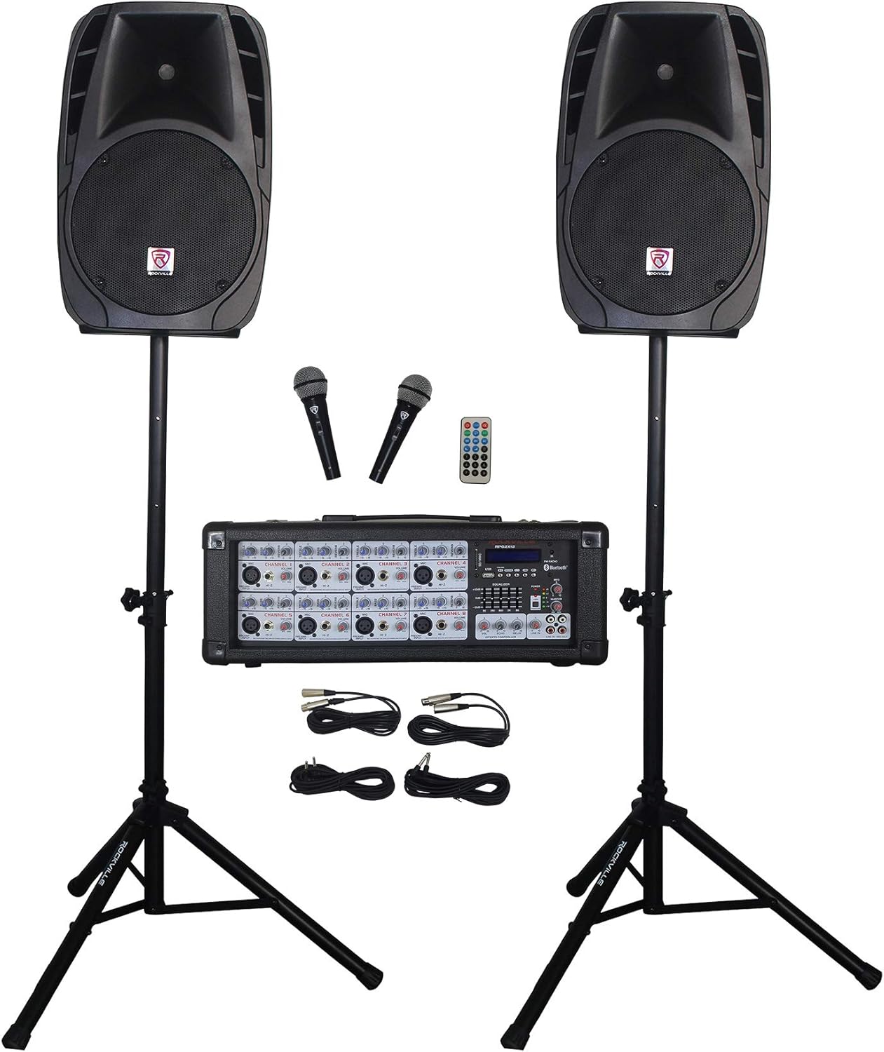 Rockville RPG2X12 Package PA System Mixer/Amp+12" Speakers+Stands+Mics+Bluetooth