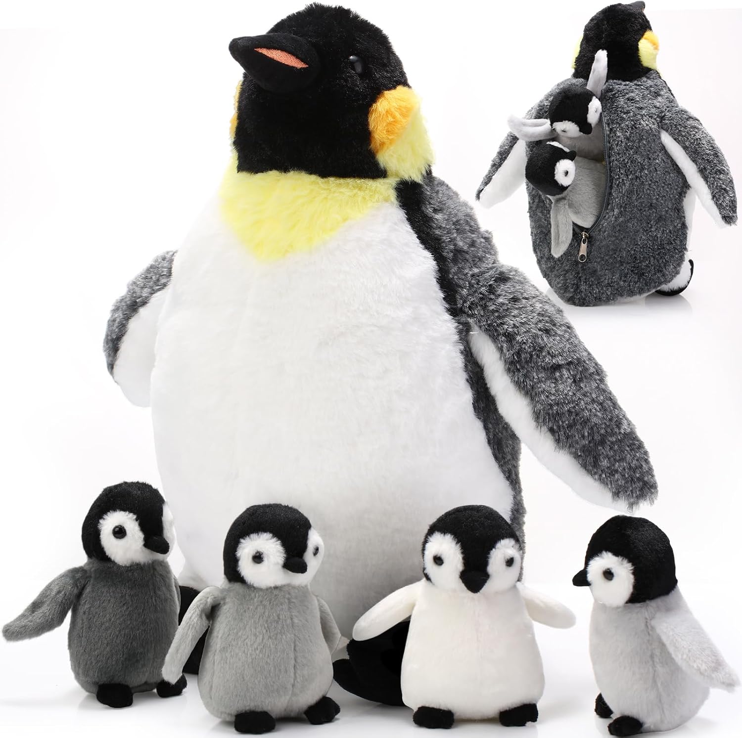 5 Pcs Penguin Plush Toy Set 1 Mommy Penguin Stuffed Animal with 4 Cute Babies in Her Belly 14 Inch Soft Cuddly Penguin Plushie for Christmas Birthday New Year Gifts(Simple Style)