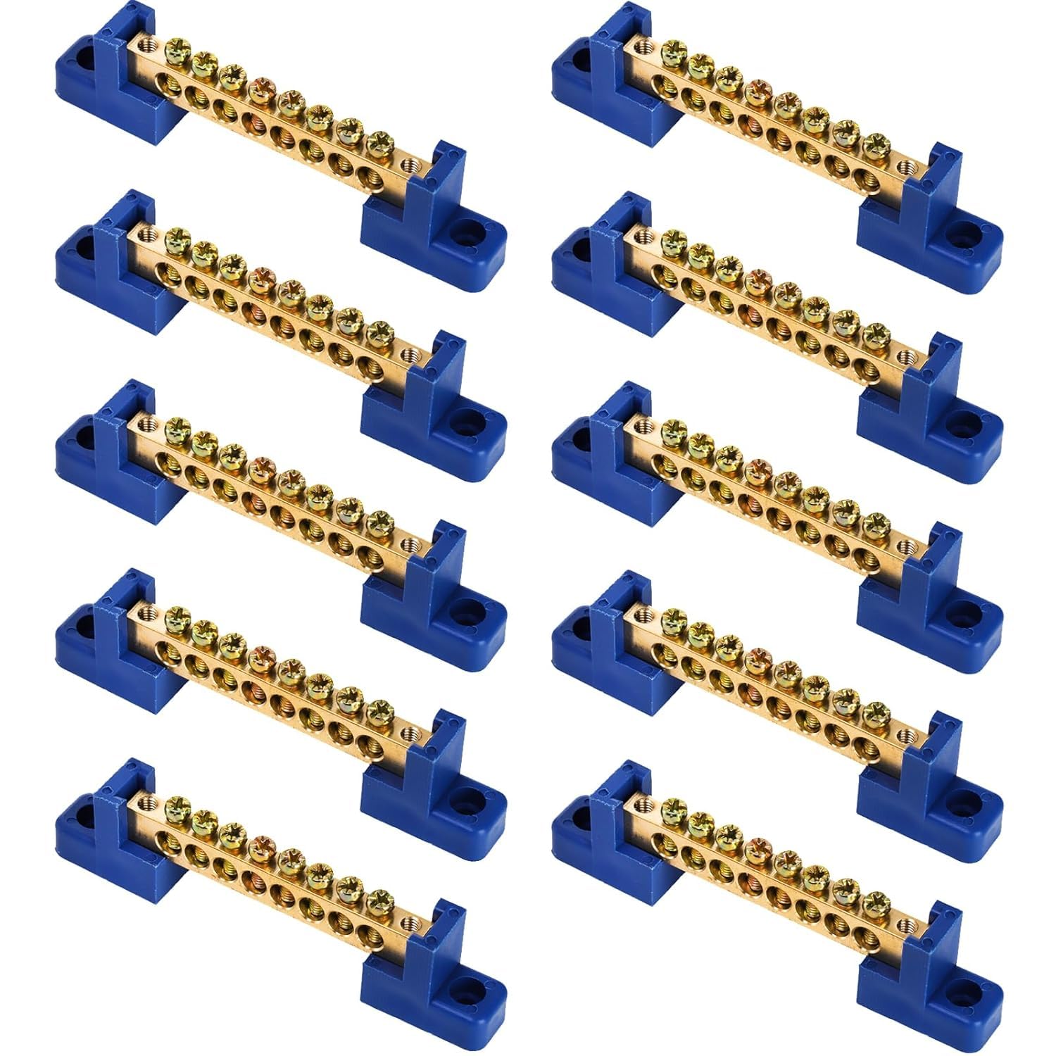 TOPZEA 10 Pack Terminal Bus Bar, 8 Positions Screw Brass Terminal Grounding Strip Bus Bar for Car Boat Marine Ground Electrical Power Distribution, Blue