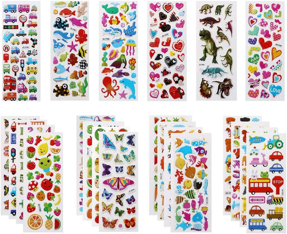Vicloon 3D Stickers for Kids, 22 Variety Sheets Puffy Stickers, 500+ Children Sticker for Party Rewarding Gifts Scrapbooking Including Animals Fish Dinosaurs Numbers Fruits Trucks Butterfly and More