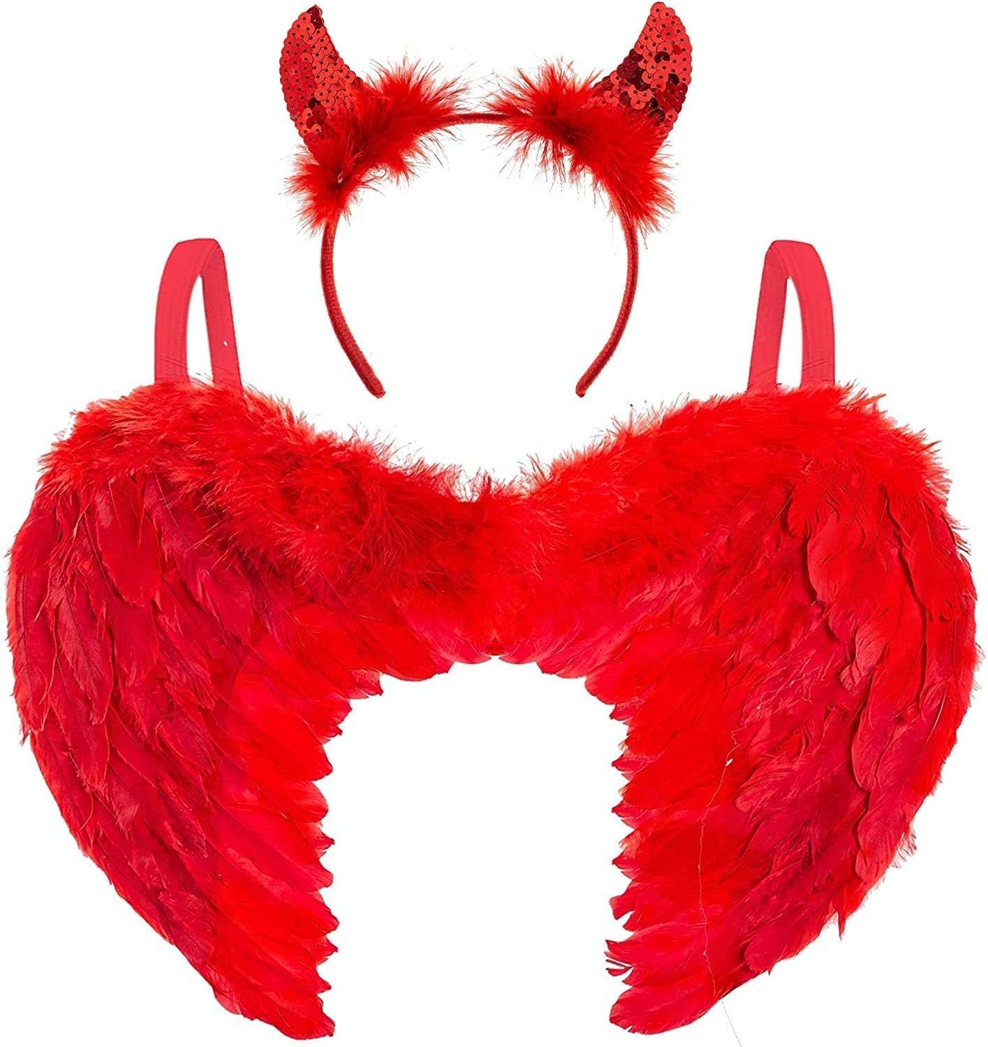 Red Angel Wings and Sequin Devil Horns - Red Feather Wings and Horns Headband - Halloween or Carnival Party Costume, Children or Adults Fancy Dress Outfit