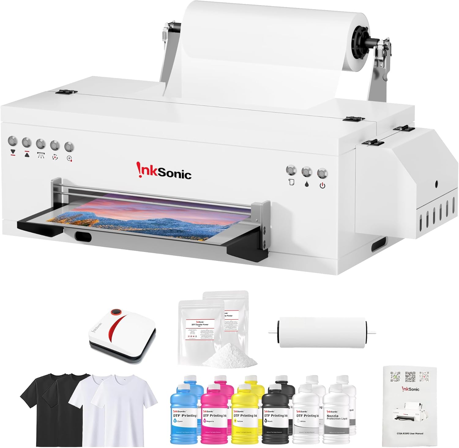 InkSonic L1800 A3 DTF Printer 2025, 13" Apparel Transfer Machine with Roll/Sheet Feed, One-Click Ink Setup, Multi-Fabric Compatibility, Heated Film Cutting，E13A,White Ink Circulation & Auto Cleaning
