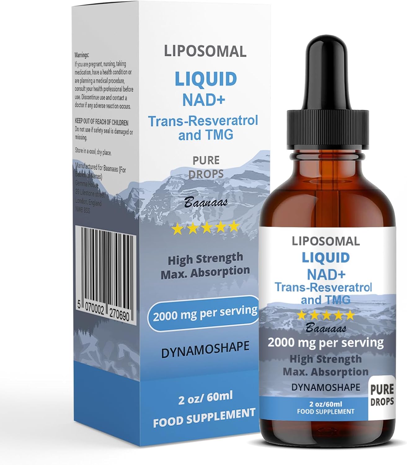 LIPOSOMAL Liquid NAD+ Trans-Resveratrol and TMG Supplement for Cellular Repair & Energy Metabolism, 2000 mg, 60 ml Baanaas