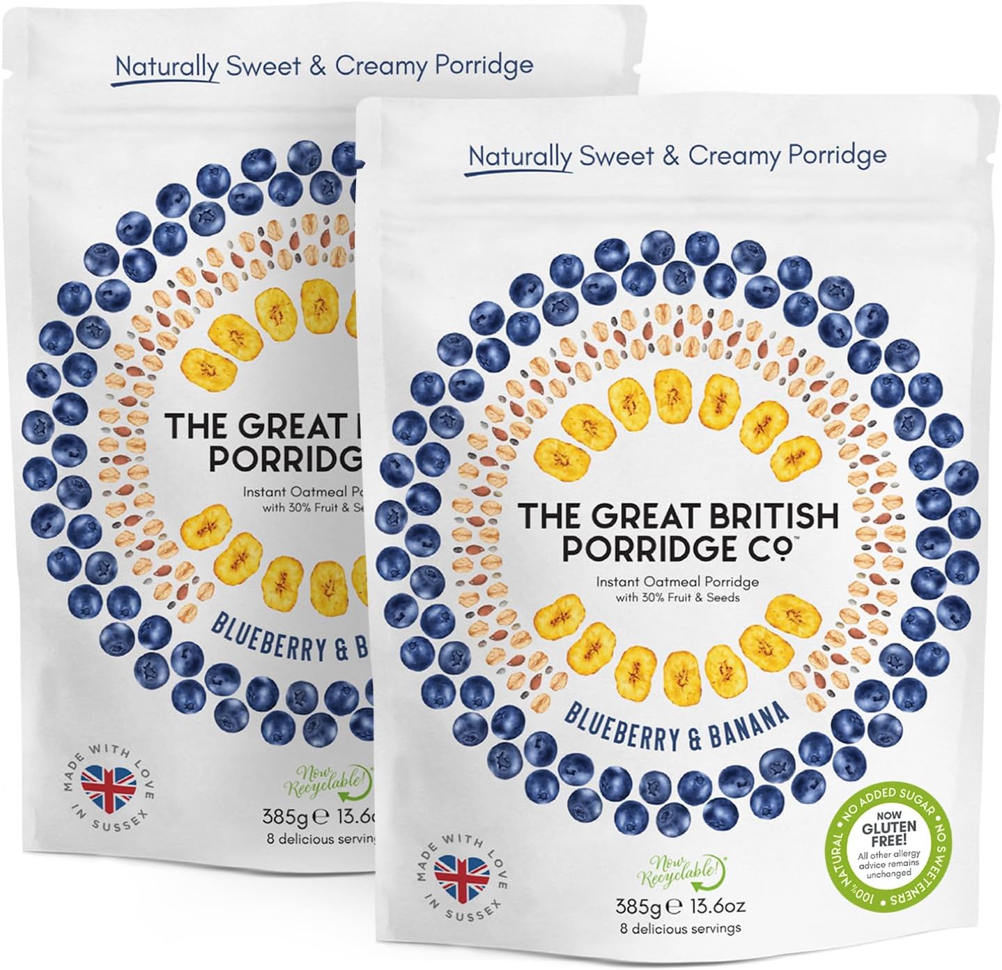 Blueberry & Banana Gluten-Free Instant Oatmeal Porridge from The Great British Porridge Co - Naturally Sweet & Creamy Porridge Oats - 2 x 385g Pouch - 100% Natural, Plant Based, High Fibre