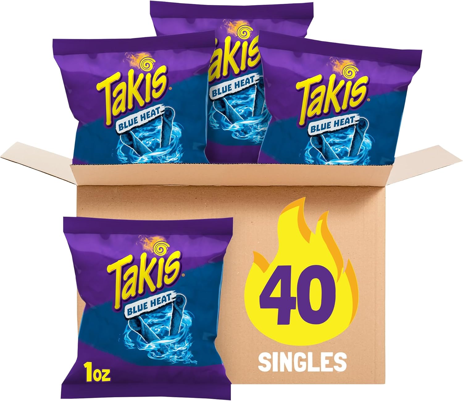 Takis Blue Heat Chili Pepper Artificially Flavored Tortilla Chip Box of 40ct, 1oz each.