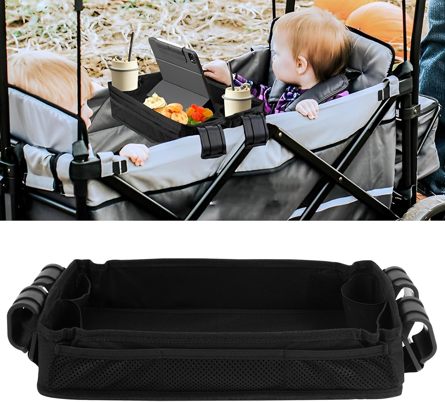 Baby Stroller Snack Tray,Universal Pushchair Snack Tray with Cup Holders & Mesh Pockets,Removable Multifunction Stroller Organizer for Kids Snacks & Activities,40.5x9.5cm