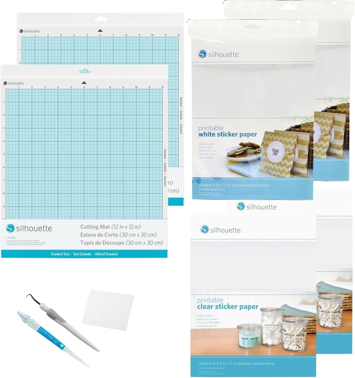 Silhouette Sticker Making Bundle – Standard Cutting Mat, Hook Tool, Scraper, Pick-Me-Up, White & Clear Printable Sticker Paper – DIY Craft Kit for Silhouette Cameo, Portrait, Curio