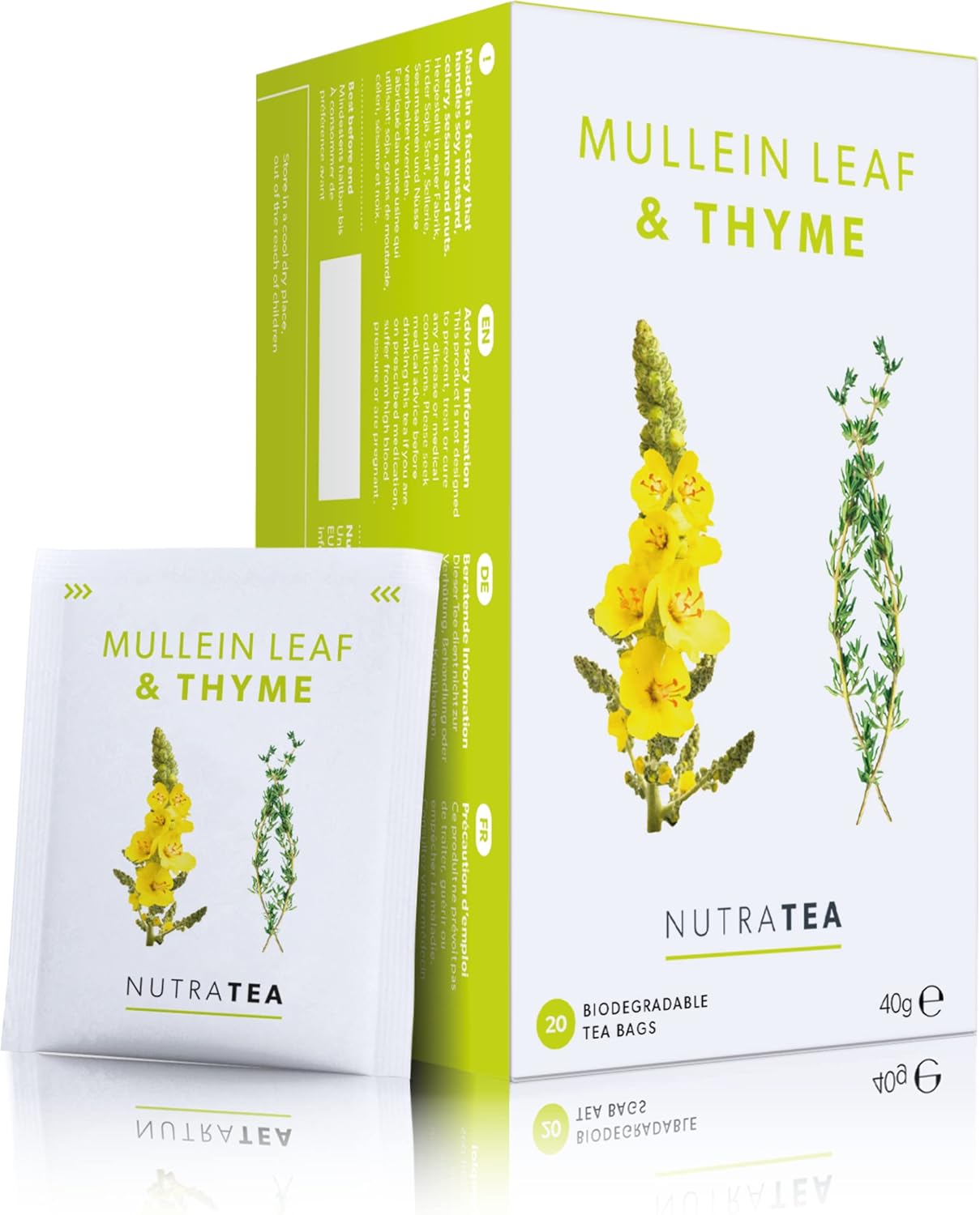 Nutra Tea - Mullein Leaf & Thyme | Mullein Tea for Lungs & Throat - 80% Mullein Leaf, 20% Thyme - 20 Enveloped Tea Bags - by Nutra Tea - Herbal Tea - (1 Pack)