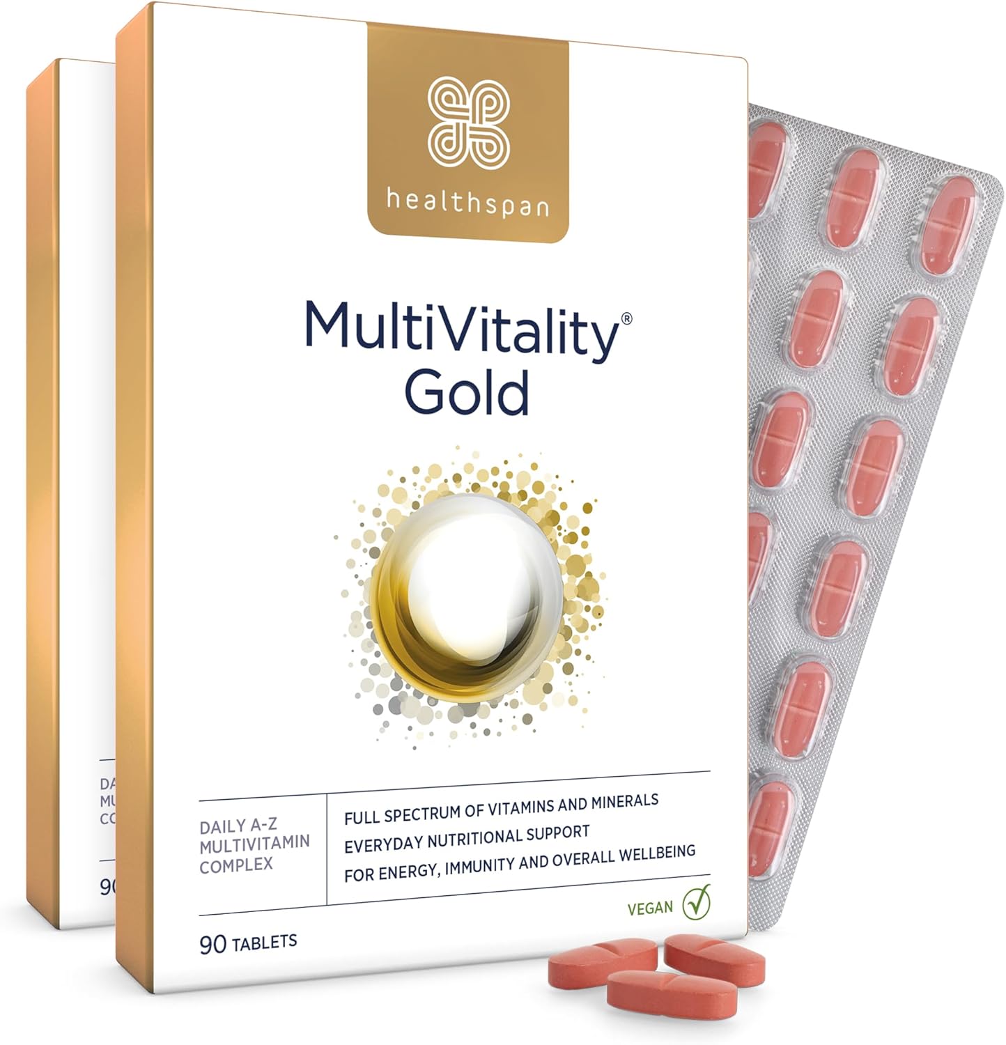 Healthspan Multivitamin Gold | A-Z Formulation | Wellbeing & Immune Support | Algal Source Vitamin D3 | Vitamins A, B, C, D, E & K | Calcium, Iron, Magnesium, Selenium & Zinc | Vegan (180 Tablets)