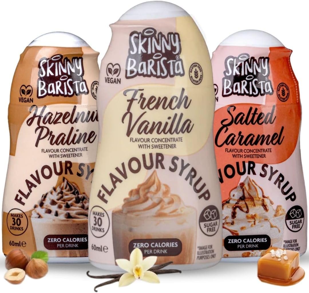 Skinny Coffee Syrup 3 x 60ml Salted Caramel, French Vanilla & Hazelnut Praline Zero Calorie Sugar Free Coffee Syrups, 90 Servings, Vegan Gluten Free (Vanilla, Hazelnut, Salted Caramel)