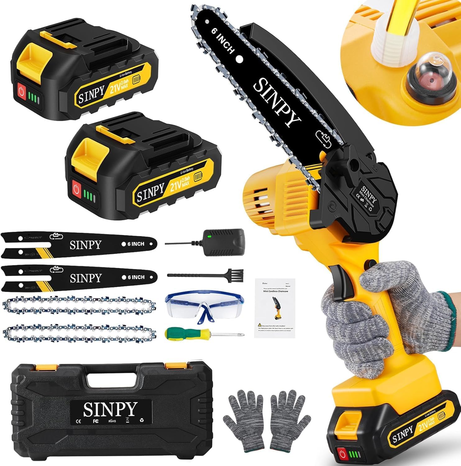 SINPY Mini Chainsaw Cordless, 6 Inch Electric Power Chain Saw with 2 Batteries & 2 Chains, Small Chainsaw with Safety Lock for Tree Trimming, Garden, Wood Cutting Gift for Men Dad Husband Fathers 2025