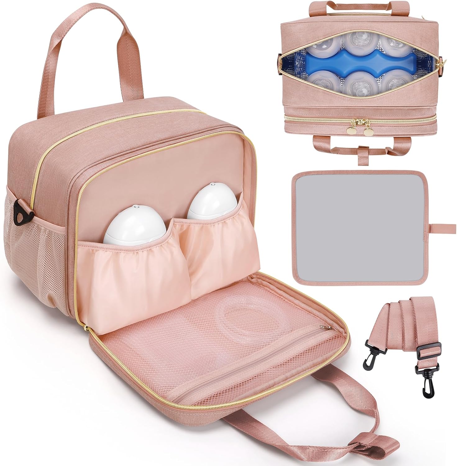 Wearable Breast Pump Bag, Breast Milk Cooler Bags with Insulated Compartment, Pumping Bag Compatible with Momcozy, Medela and Elvie Pumps, Pump Carrying Case for Work Travel Camping, Pink