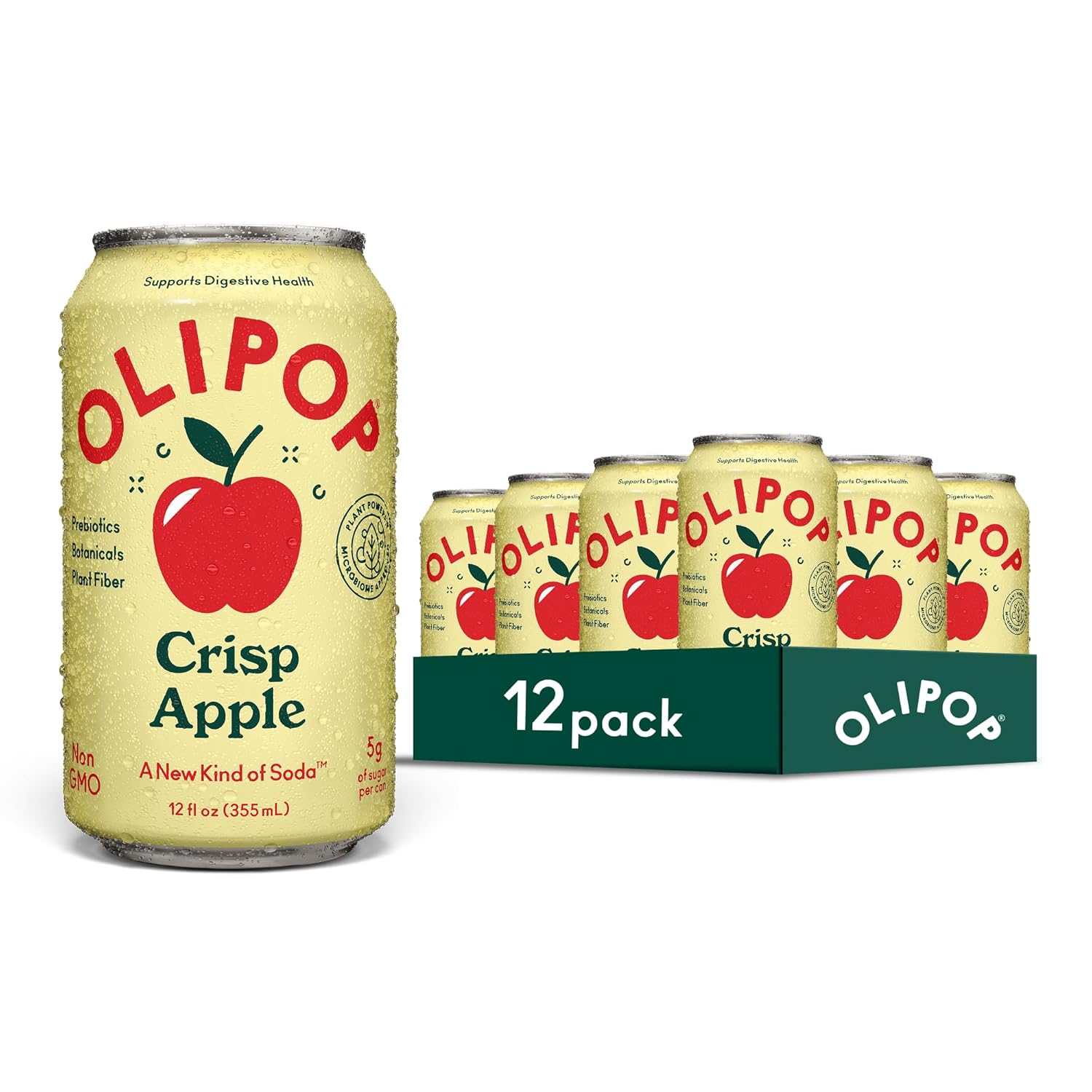 OLIPOP Prebiotic Soda Pop, Crisp Apple, Pantry Pack Packed with Prebiotics, Fiber, and Botanicals, Gluten Free, Vegan, GMO Free, 12oz (12-Cans)