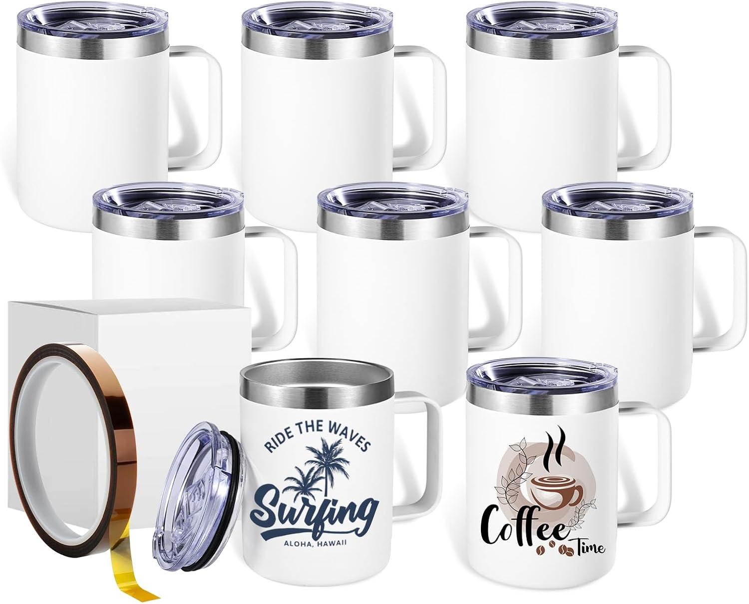 ColorSub 12oz Sublimation Coffee Mugs with Handle Straight Matte Travel Coffee Cups Insulated Stainless Steel Tumblers with Gift Box, Heat Tape for Hot Cold Drinks, 8 Pack