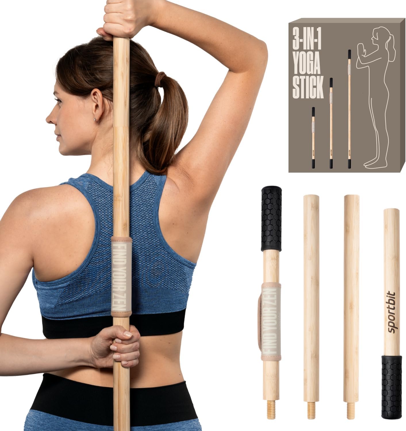 SportBit Bamboo Yoga Stick with Neck Pillow - Collapsible and Portable 5.1FT Mobility Stick and Exercise Stick - Fully Adjustable Yoga Accessories Perfect for Stretching, Posture Correction, Balance