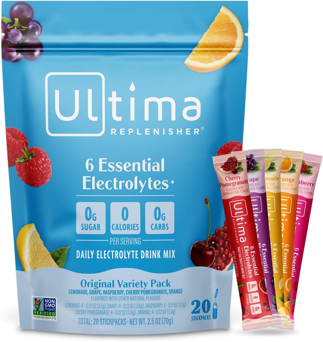 Ultima Replenisher Daily Electrolyte Powder – Original Variety Pack, 20 Stickpacks – Zero Sugar Hydration Packets with 6 Electrolytes and Minerals – Sugar Free, Plant Based & Keto Friendly​ Drink Mix
