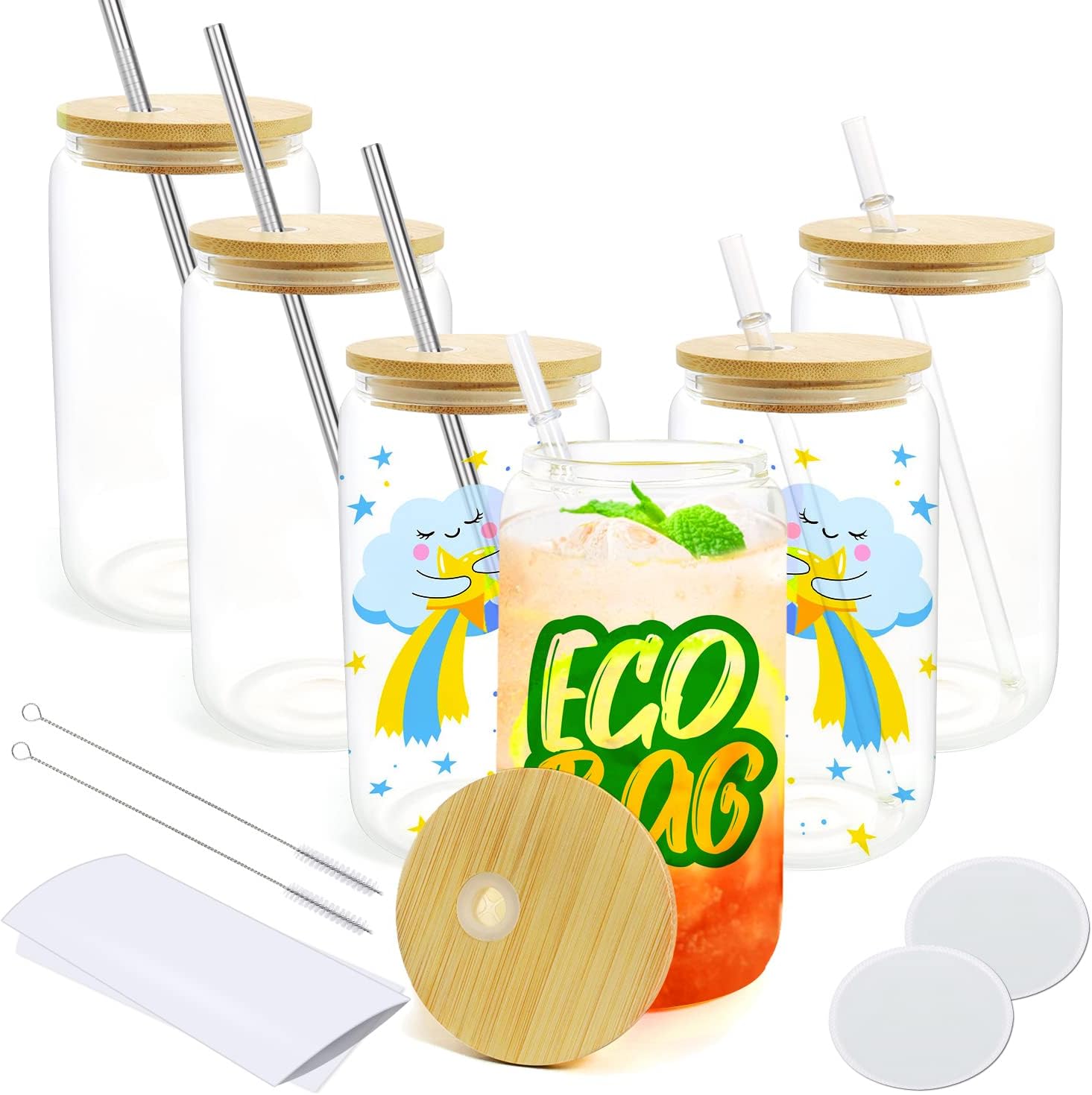 Realkant Sublimation Glass Blanks, 16 OZ Sublimation Glass Mason Jar with Bamboo Lids and Straws for Tumbler Press, Glass Cups Mugs Tumblers Beer Can for Iced Coffee Juice Soda Drinks (6 Set/Clear)