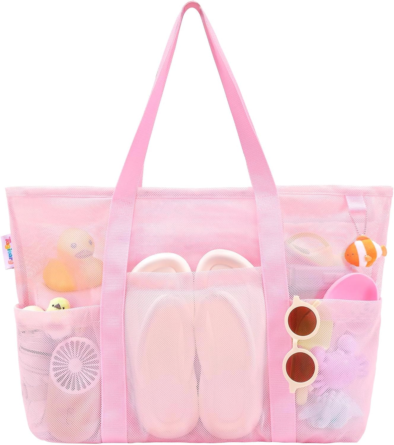 Tagitary Mesh Beach Bag with Zipper Large Beach Tote Waterproof Sandproof with 8 Pockets for Toys Pool Bag Beach Accessories