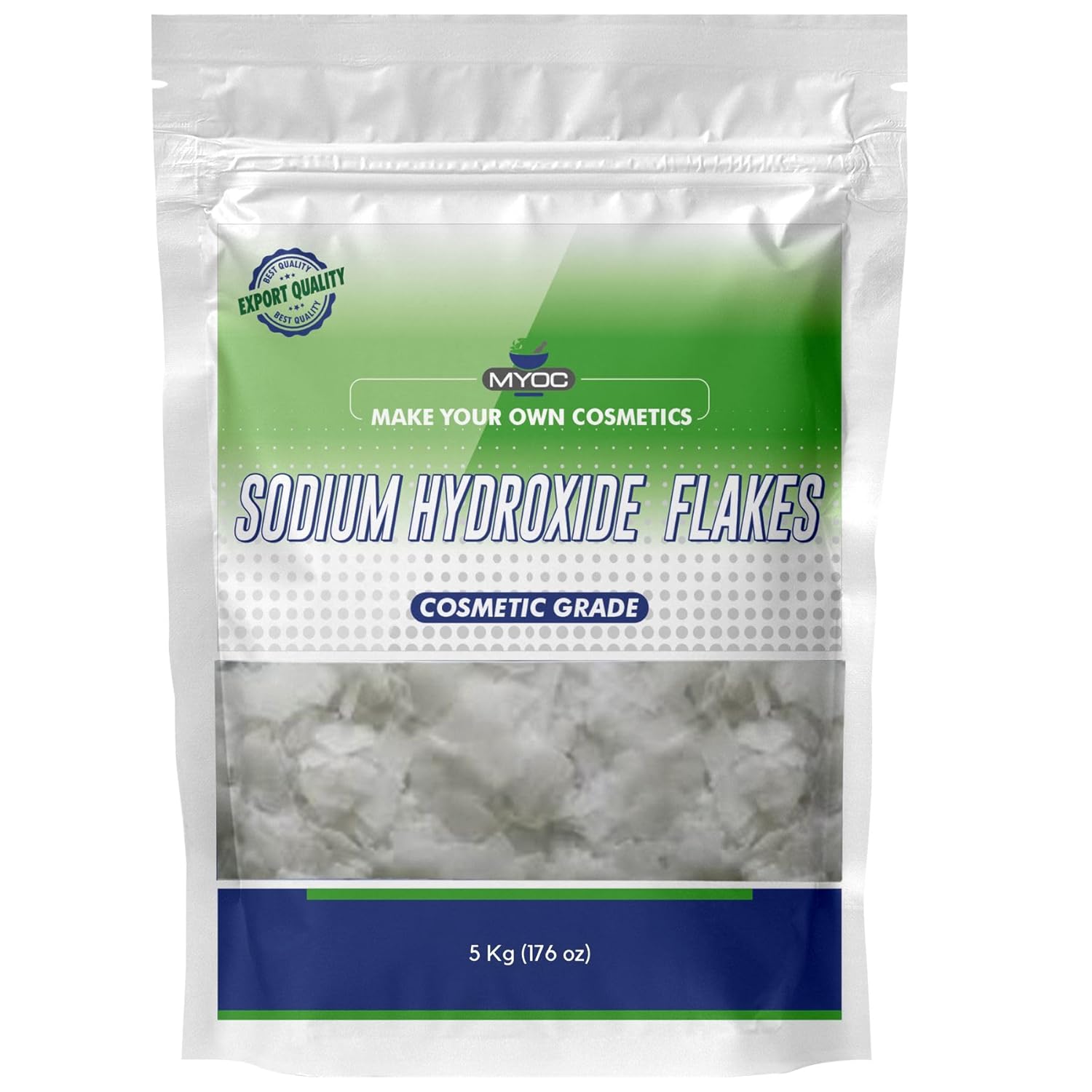 MYOC Sodium Hydroxide Flakes – 5 Kg | Cosmetic Grade Lye for Soap Making, Cleaning Solutions, and Industrial Use | High-Purity NaOH Crystals for DIY & Bulk Applications