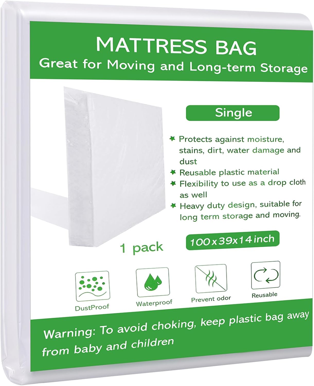 Dntorx Single Size Mattress Bag for Moving and Storage, Waterproof Plastic Mattress Protector 2.76 Mil Heavy Duty Mattress Cover for Moving– 255 X 100 X 35cm