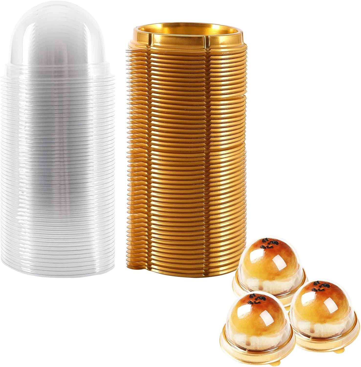 Hewnda 50 Pack 2 Inch Clear plastic mini cake box muffins box cookies cookies muffins dome box wedding birthday gift box(Gold)