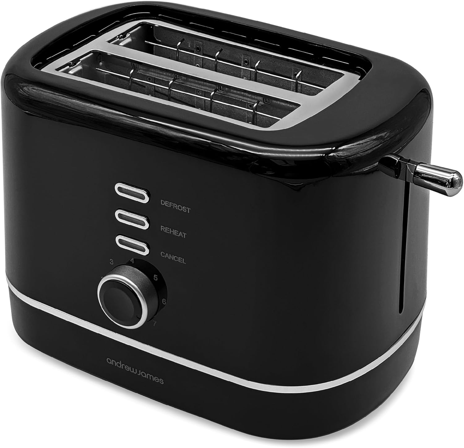 Andrew James Toaster 2 Slice – Black 2 Slice Toaster with Silver Trim – Stylish & Modern, Adjustable Browning Control, Removable Crumb Tray, Ideal for Breakfast – Modern Kitchen Appliance
