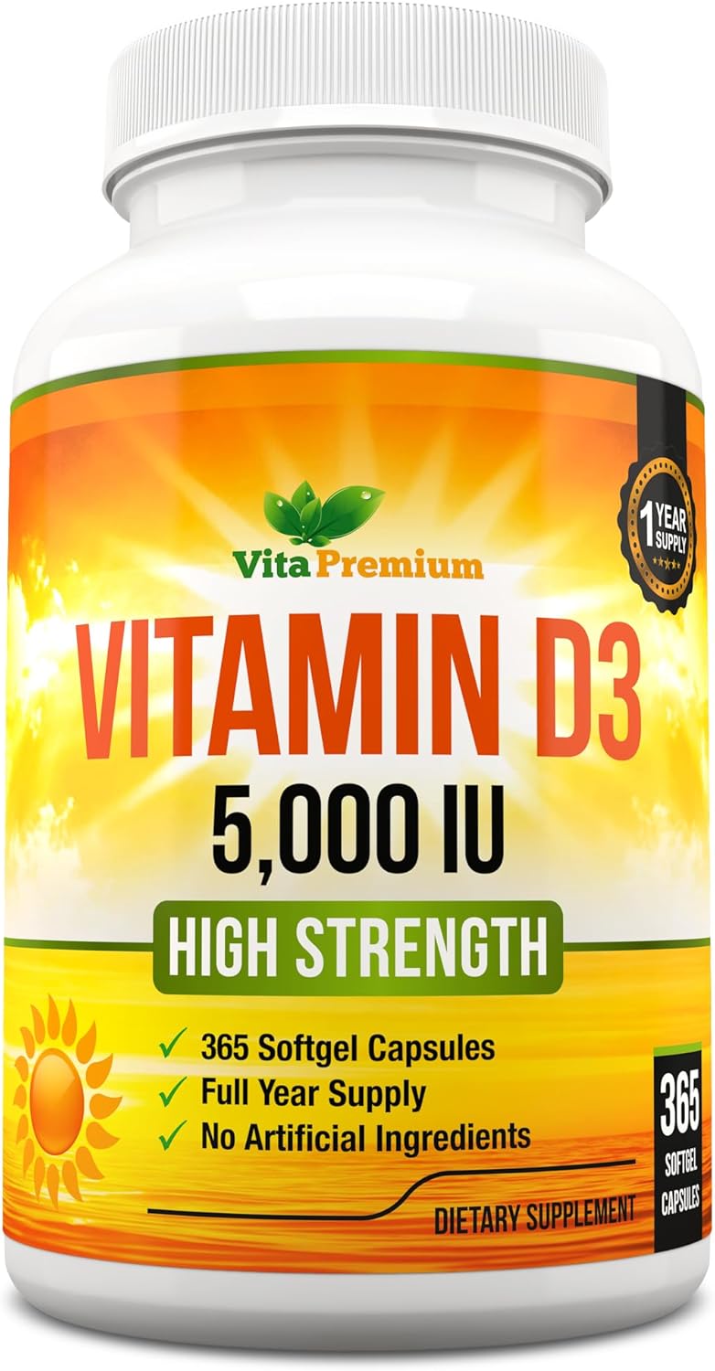 Vitamin D3 5000 IU, 365 Easy-Swallow Softgels, High Strength Vitamin D 5000 IU Supplement - Full Year Supply