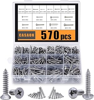 CASAON 570Pcs Self Tapping Screws Assortment Set, M3/M4/M5/M6 304 Stainless Steel Sheet Metal Screws Kit, Phillips Drive Wood Screw Assortment 570pcs (285pcs Round Head and 285pcs Flat Head)