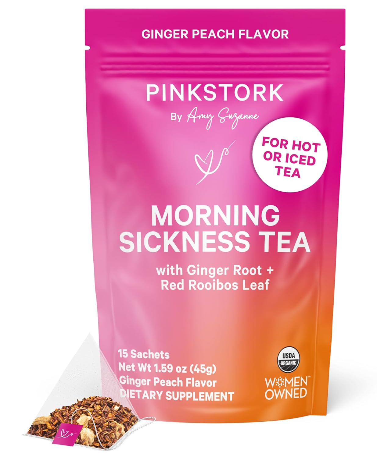 Pink Stork Organic Morning Sickness Pregnancy Tea - Hot or Iced Tea - Prenatal Heartburn, Indigestion, and Constipation Support - 1st Trimester Pregnancy Must Haves - Ginger Peach, 15 Sachets