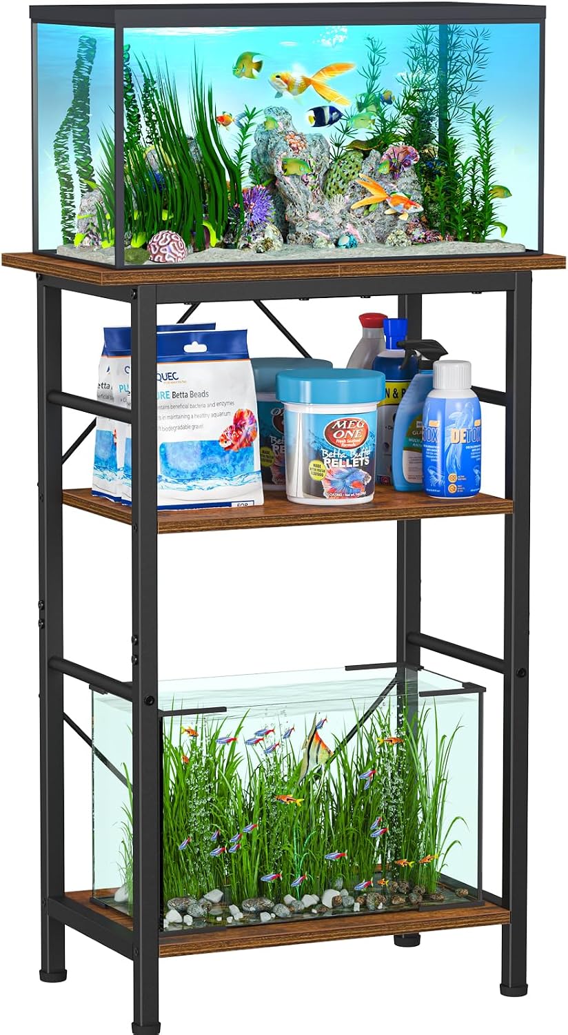Snughome 5-10 Gallon Aquarium Stand, 3 Tier Fish Tank Stand with Storage, Fish Tank Stand with Metal Frame, Reptile Turtle Tank Stand for Home Office, 20.47" x 11.02" x 30.52", Rustic Brown