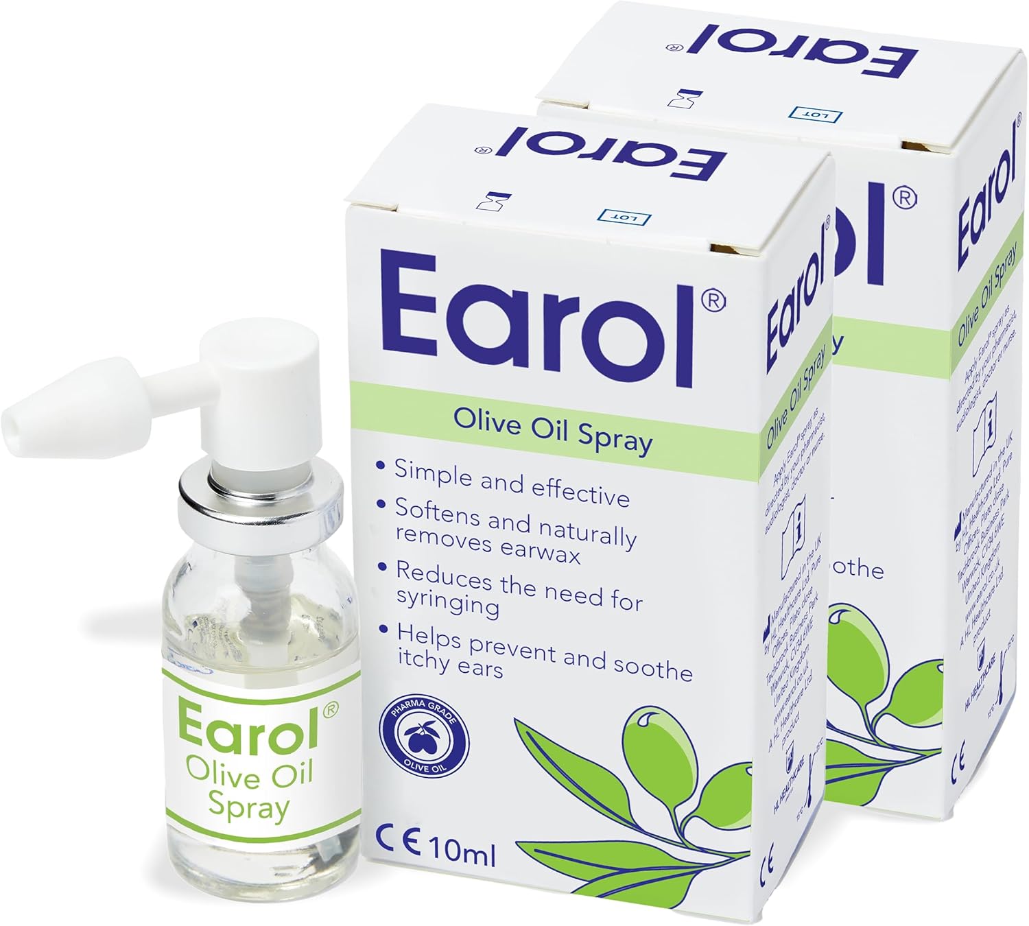 Earol Olive Oil Ear Wax Removal Spray, Clinically Proven, Reduces Need for Syringing, Metered Dose, 2 Pack of 10ml Oil Spray Bottle