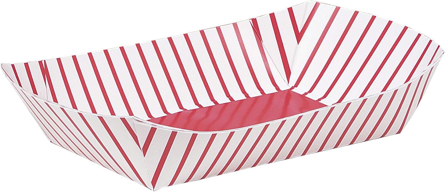 Red & White Striped Paper Snack Tray (33cm) Pack of 4 - Disposable Party Serving Trays for Movie Nights, Carnivals, and Picnics, 9.5" x 6"