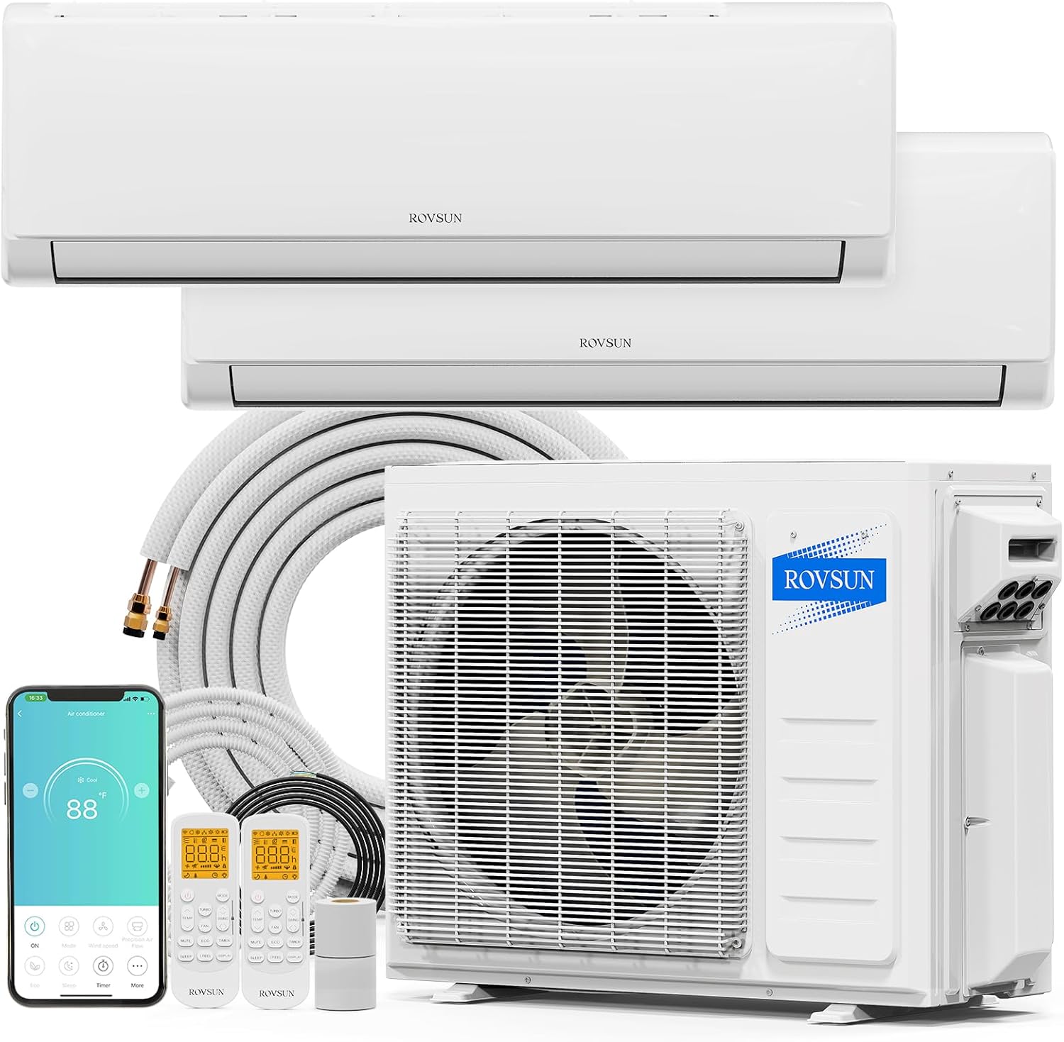 ROVSUN 20000 BTU Dual Zone WIFI Mini Split AC/Heating System, 20 SEER2 2 Zone 9000 + 9000 BTU Ductless Split Air Conditioner with Pre-Charged Condenser, Heat Pump & 25Ft Copper Line Set, 208-230V