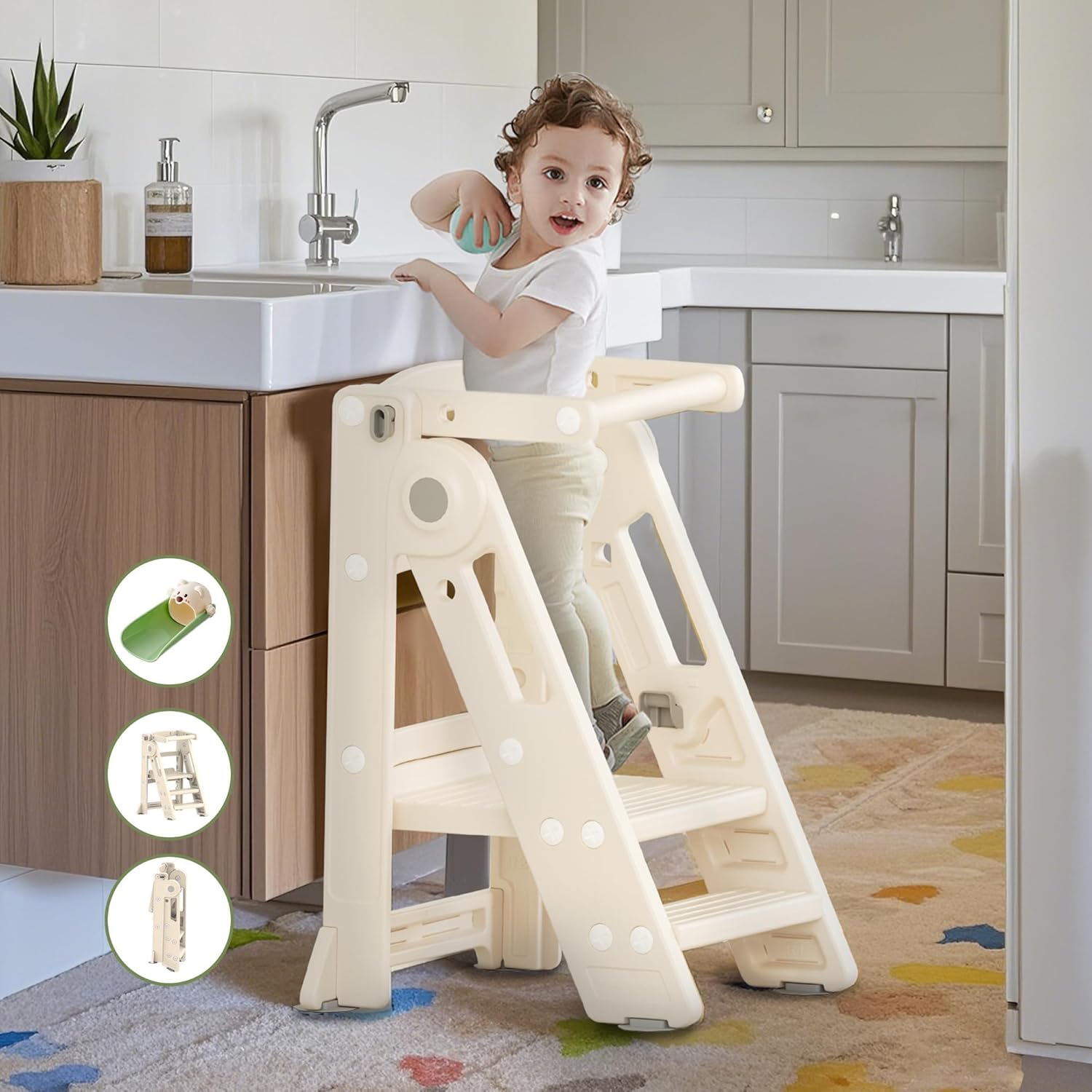 Foldable Toddler Tower Kitchen Step Stool for Sink Kids Adjustable Height Learning Tower for Children Montessori Learning Helper with Handles for Bathroom, Beige