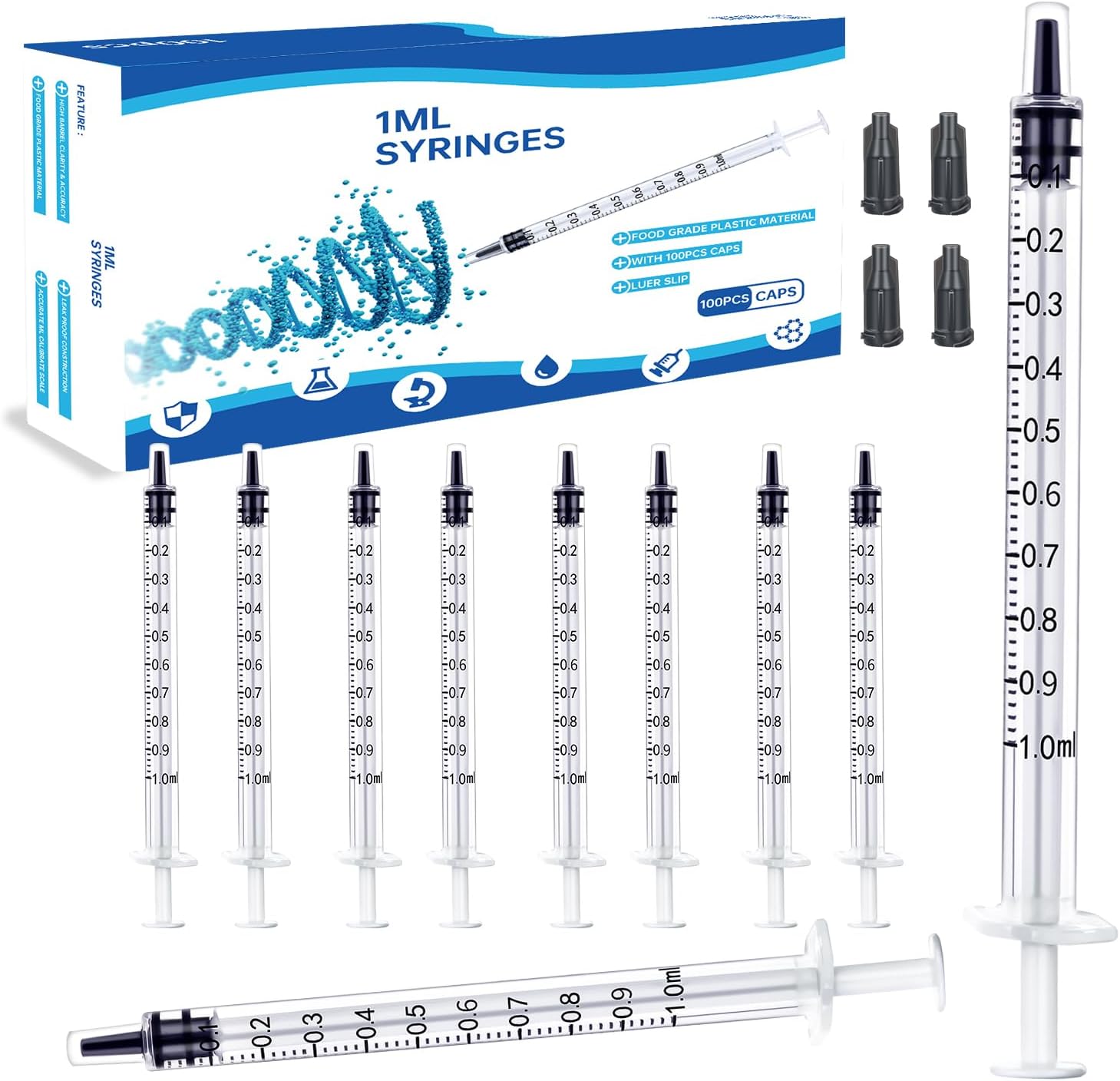 100Pcs 1ml Syringes With Caps for Refilling and Measuring Liquids, Scientific Labs, Plant Watering, Pet Feeding
