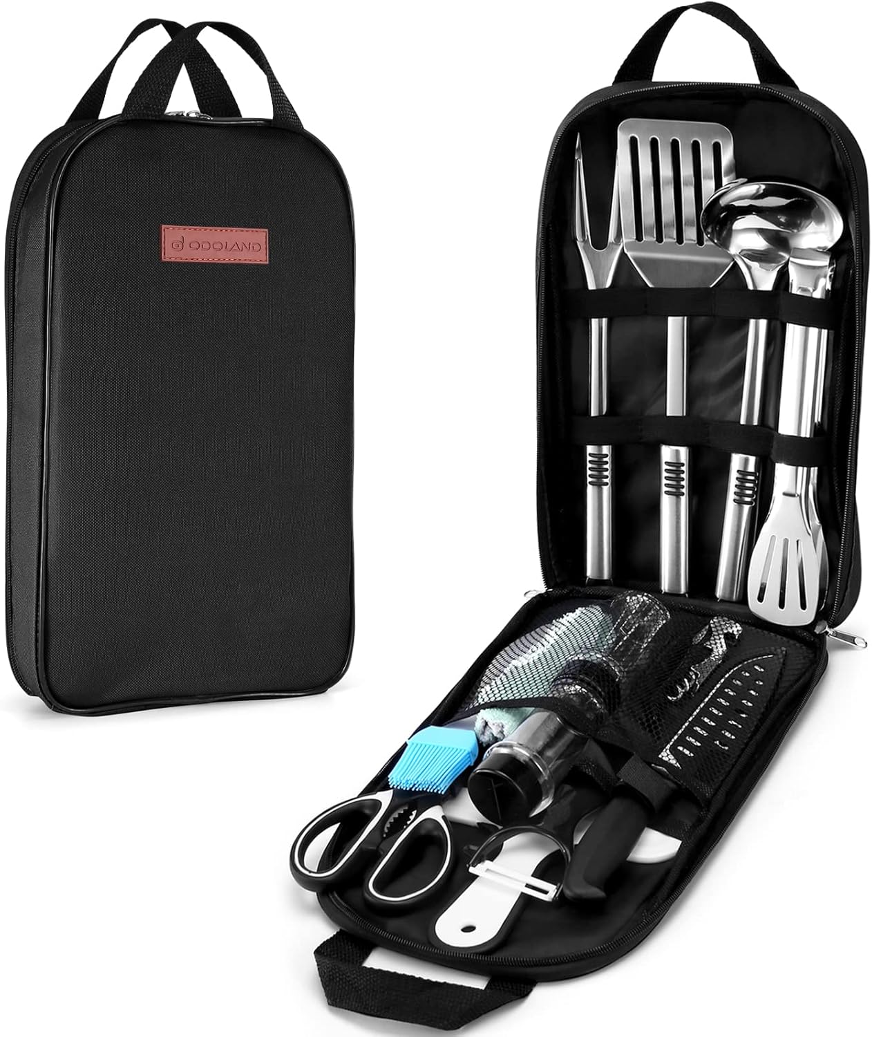 Odoland 14PCS Camping Utensils Set, Outdoor Kitchen Utensil Organizer, Cutting Board, Kitchen Scissors, Slotted Tongs Seasoning Bottle and Case for Backpacking Travel, Black