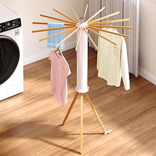 Tripod Clothes Drying Rack, Folding Space Saving Compact Laundry Drying Rack-16 Rotatable Arms for Hanger, Diameter 3.6FT, 3 Legs for Indoor Outdoor Apartment Balcony (Wood)
