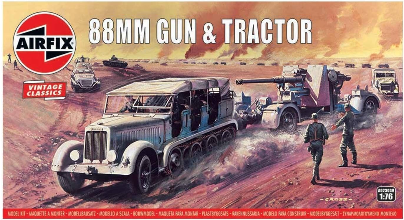 Airfix Vintage Classics Set - A02303V 88mm Gun & Tractor - Plastic Model Motor Vehicle Kits for Adults & Children 8+, Set Includes 114 Pieces, Sprues & Decals - 1:76 Scale Model Vehicle Set