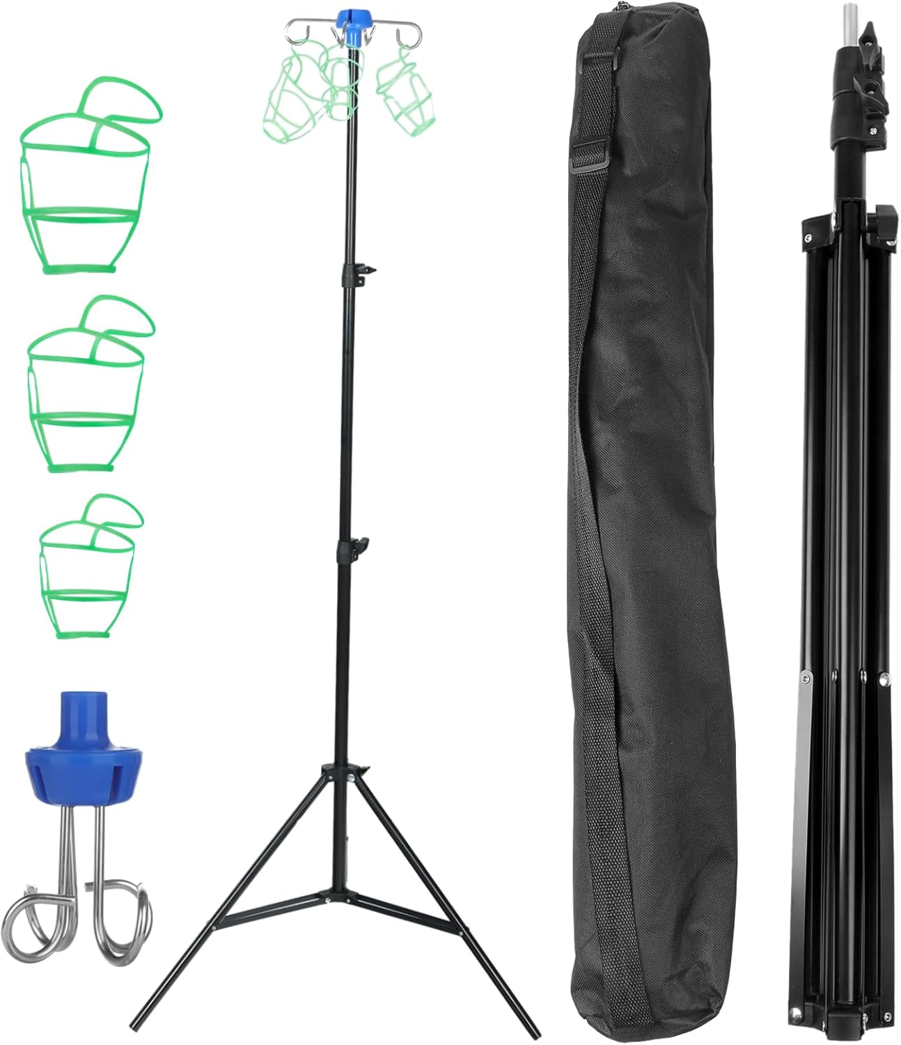 IV Pole Stand with 4 Hooks & 3 Net Bags, Retractable Intravenous Drip Bag Stand Collapsible Tripod, Portable Mobile Drip Bottle Stand for Home Care Hospitals Clinics with Storage Bag