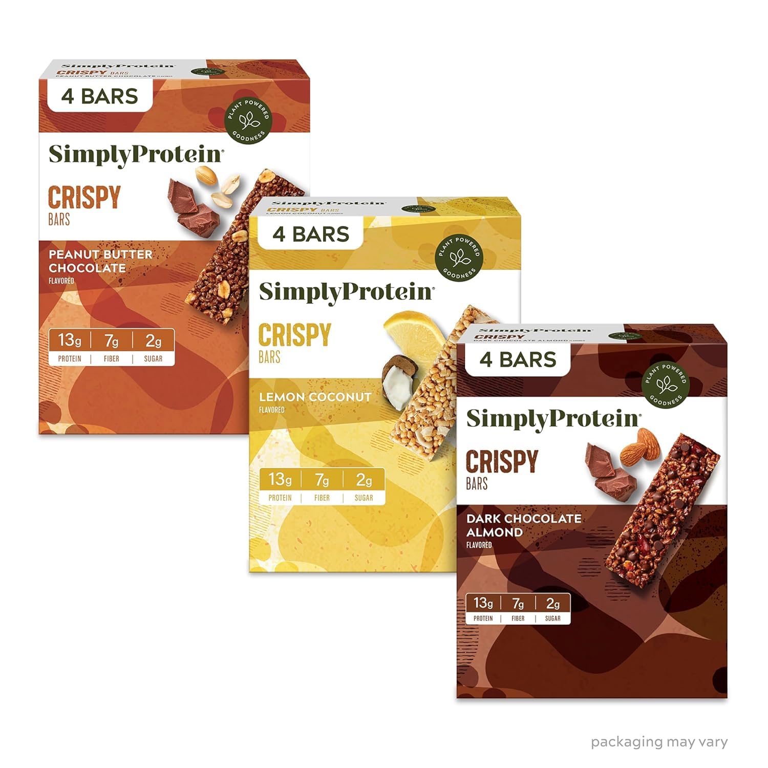 Simply Protein - Crispy Vegan Protein Bars Variety Pack, 3 Flavors - Plant Based, Protein Snacks - 13g Protein, 2g Sugar, 7g Fiber - Gluten Free, Non GMO, Kosher - 12 Bars, 3 Boxes