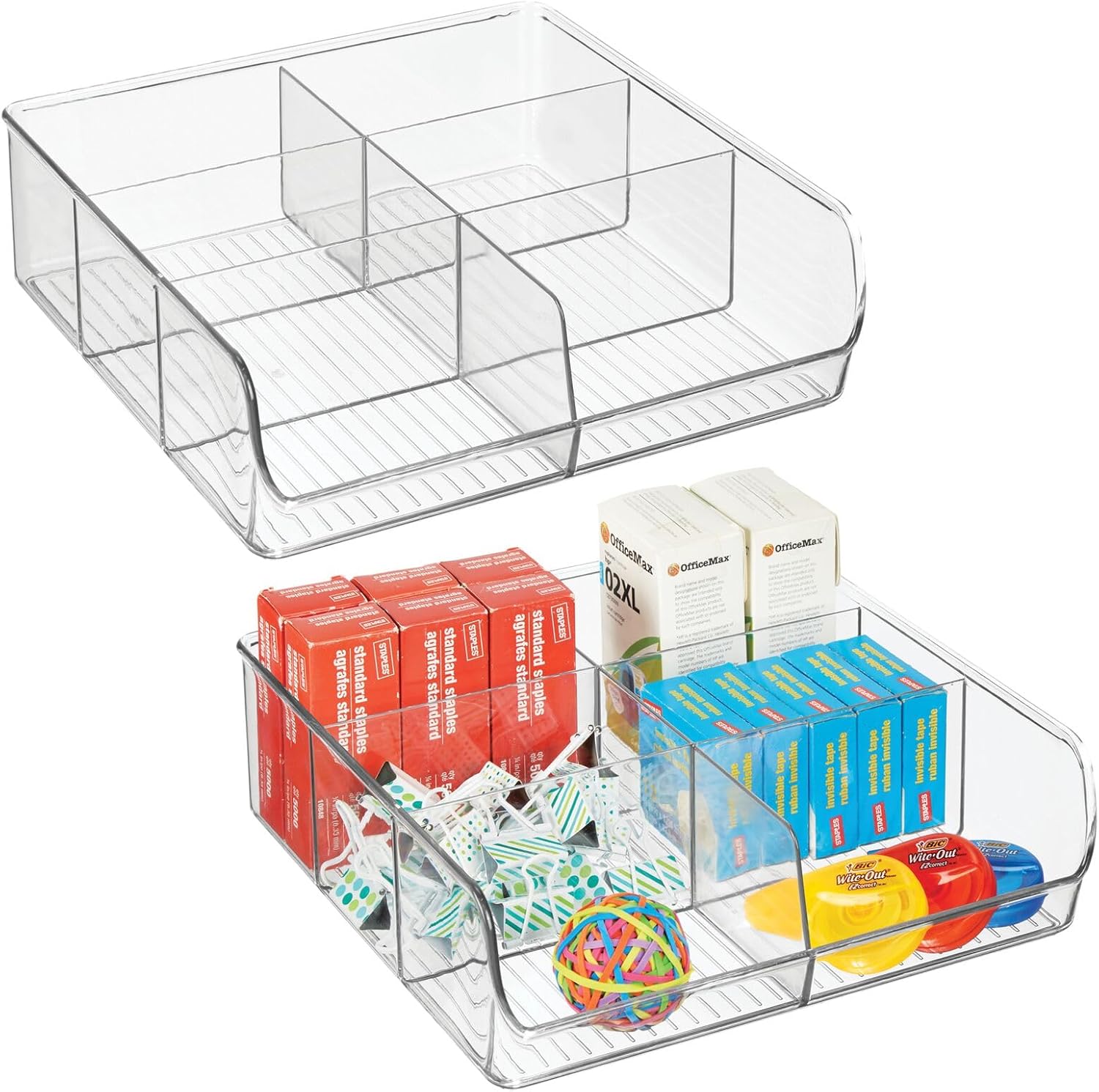 mDesign Plastic Home Office Wide Bin Organizer with 6 Compartments for Cabinets, Closets, Drawers, Desks, Tables, Workspace - Staple, Notepad, Paperclip Holder - Ligne Collection - 2 Pack - Clear